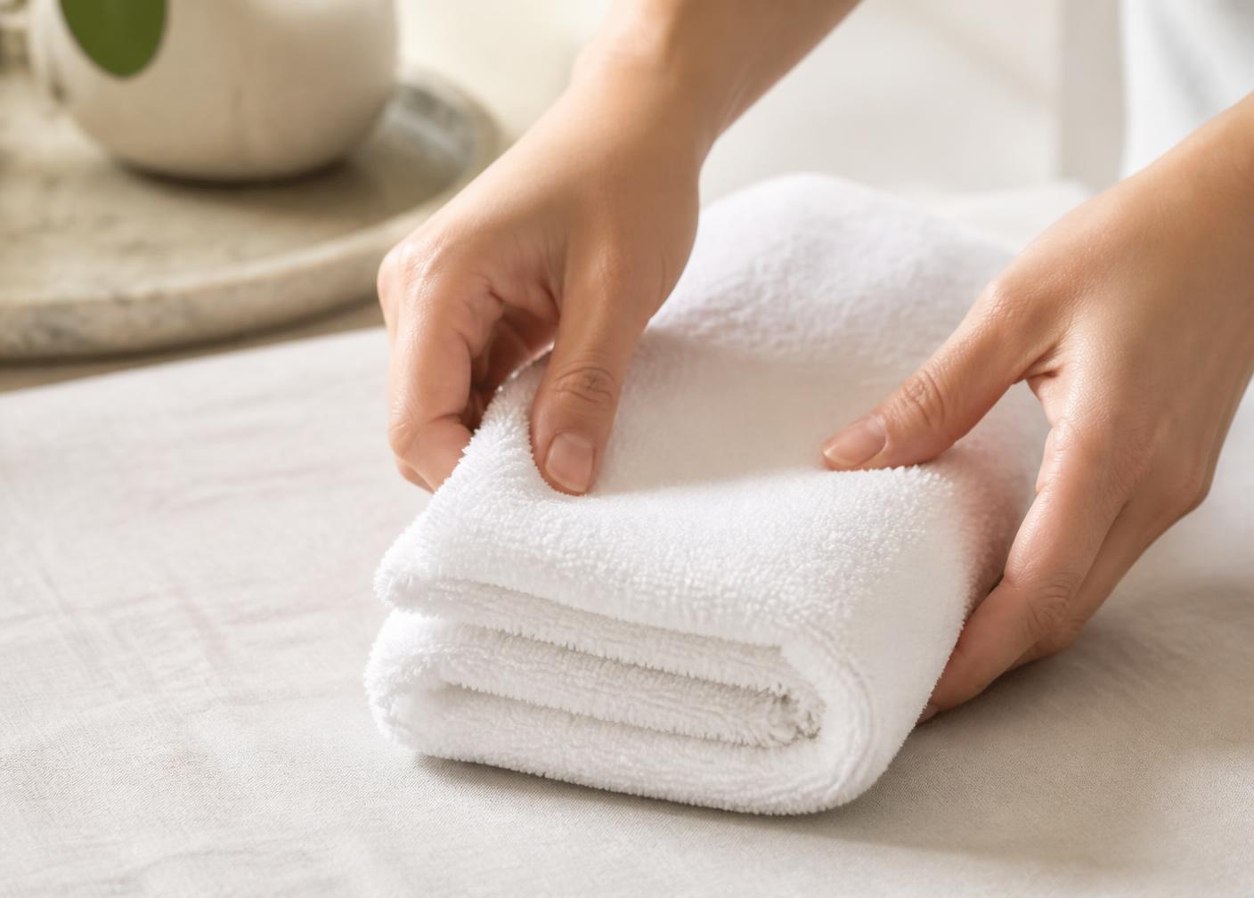 Hands folding a crisp white cotton towel on a pale linen surface